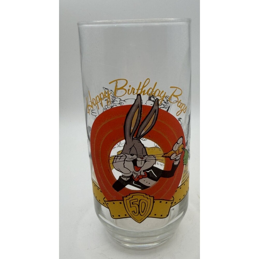 🎉🥕 Vintage Happy Birthday Bugs Bunny Drinking Glass 50th Anniversary 🥕🎉